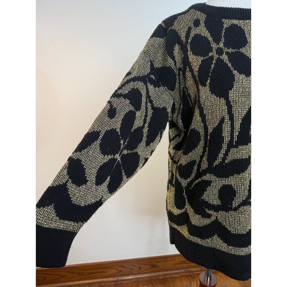 Vintage A. Jane Adams 80's Black & Gold Floral Knit Sweater Made In USA - Picture 5 of 8